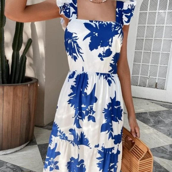 Boho floral butterfly sleeve ruffle hem tie back dress blue white - Picture 6 of 7
